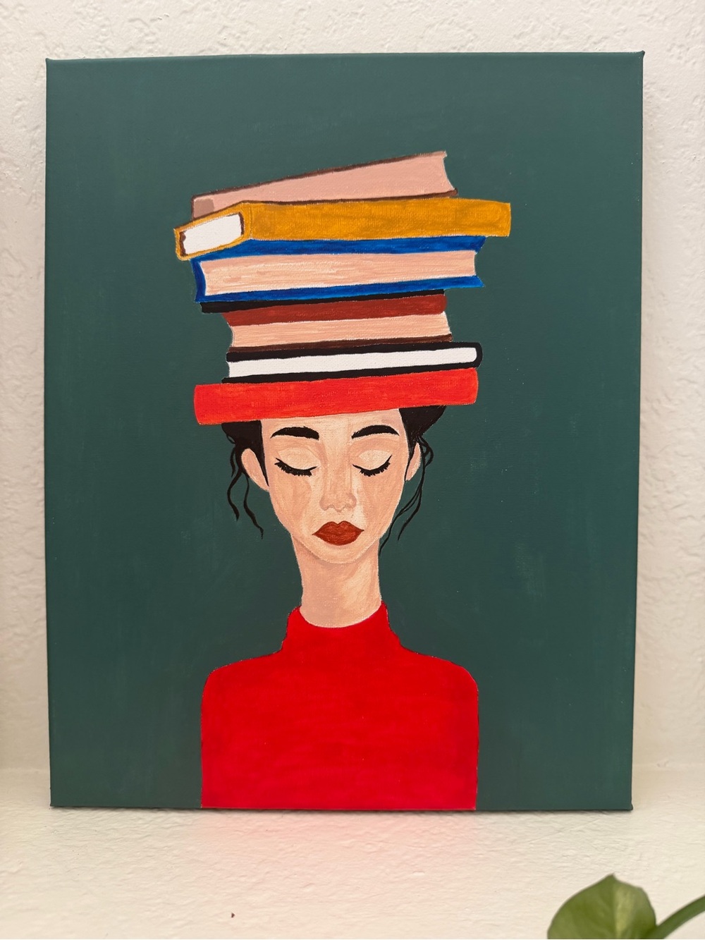 Hand-Painted Woman with Books Canvas Art - Red & Green 14x11